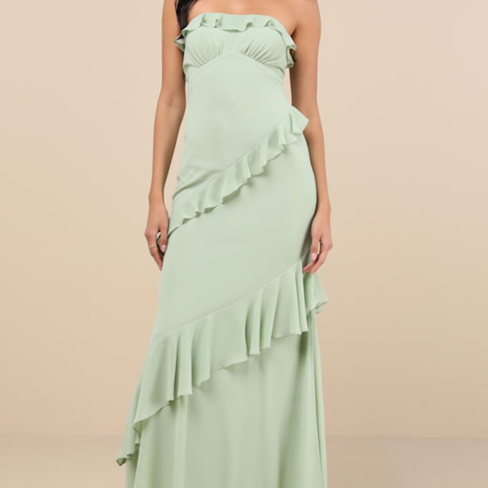 Lulus Dramatic Allure Sage Green Ruffled Cutout Strapless Maxi Dress - Size 1X